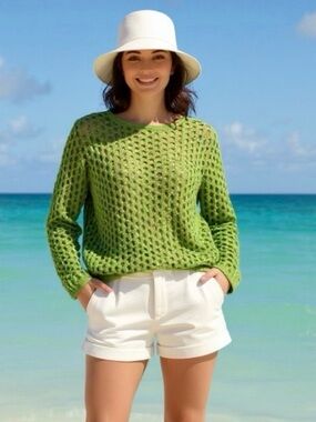 Newport News Vintage Vibrant Y2K Green Open-Knit Hollow Out Crochet Sweater SZ S